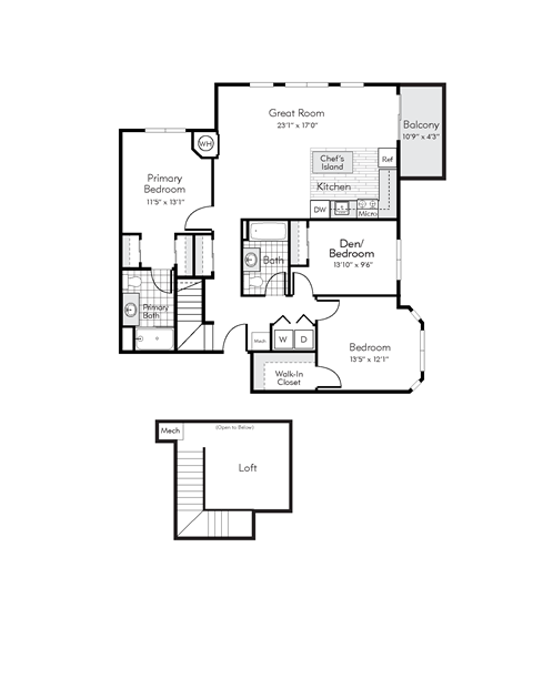 Floor plan for 3 beds, 2 baths, 1364 sqft